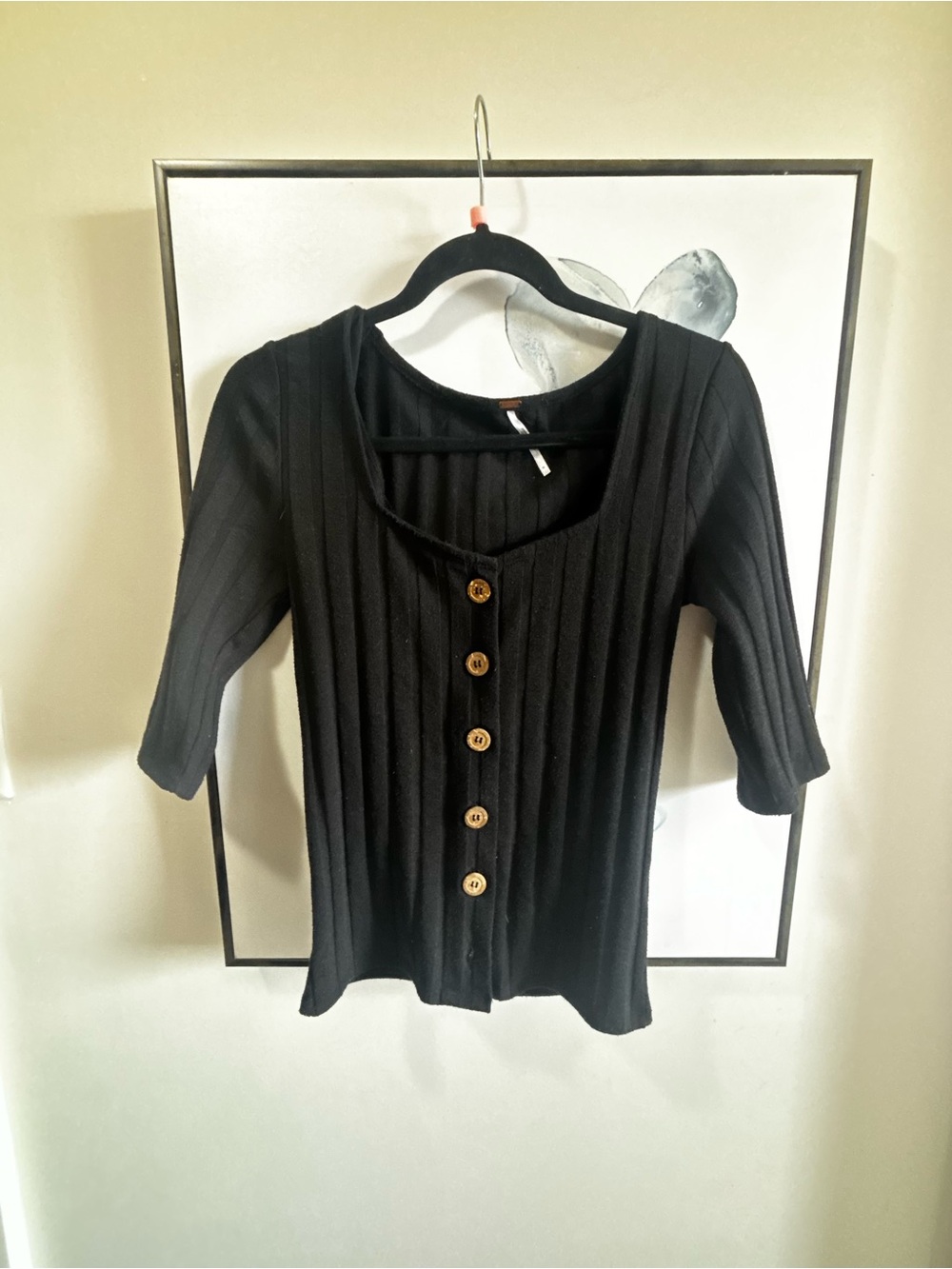 Free People Black Ribbed Button-Front Top